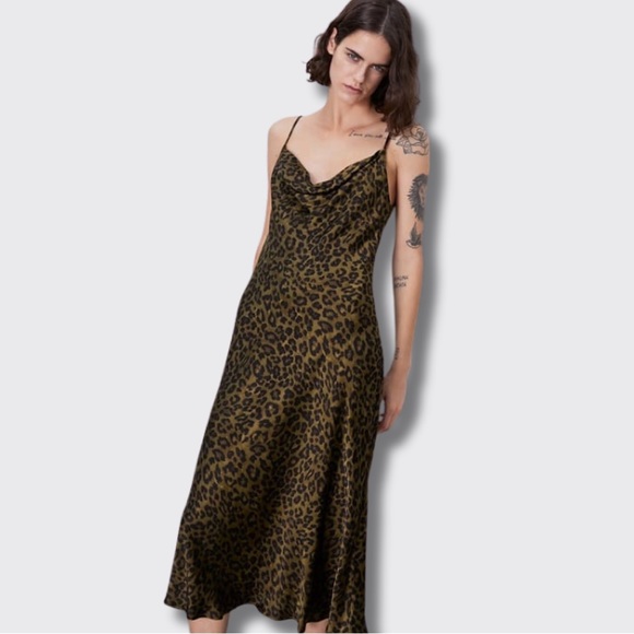 Zara Leopard Satin Slip Cowl Neck Dress XS - Picture 3 of 11